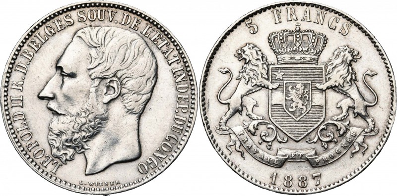 CONGO, Etat Indépendant, Léopold II (1885-1908), AR 5 francs, 1887. Dupriez 10; ...