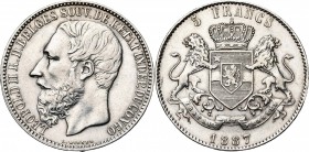 CONGO, Etat Indépendant, Léopold II (1885-1908), AR 5 francs, 1887. Dupriez 10; Dav. 10. Nettoyé.
Très Beau