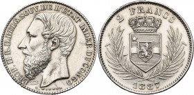 CONGO, Etat Indépendant, Léopold II (1885-1908), AR 2 francs, 1887. Dupriez 17. Petites griffes. Nettoyé.
Très Beau à Superbe