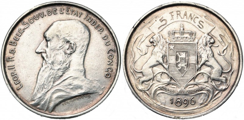 CONGO, Etat Indépendant, Léopold II (1885-1908), AR 5 francs, 1896. Essai de Dub...