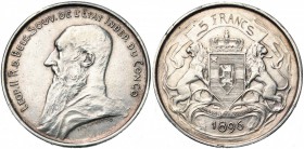 CONGO, Etat Indépendant, Léopold II (1885-1908), AR 5 francs, 1896. Essai de Dubois en argent. Listel étroit. Tranche lisse. Dupriez 91 var. Très rare...