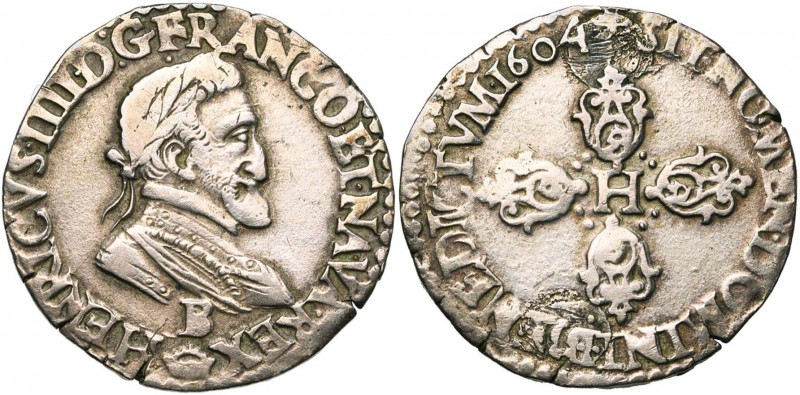 FRANCE, Royaume, Henri IV (1589-1610), AR demi-franc, 1604B, Rouen. D/ B. l. et ...