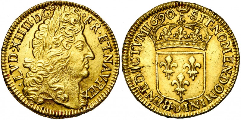 FRANCE, Royaume, Louis XIV (1643-1715), AV double louis d''or à l''écu, 1690S co...