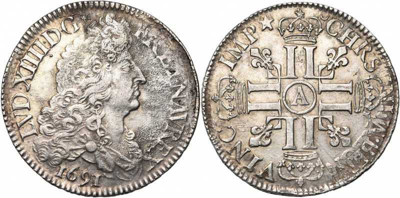 FRANCE, Royaume, Louis XIV (1643-1715), AR écu aux huit L, 1691A, Paris. 1er typ...