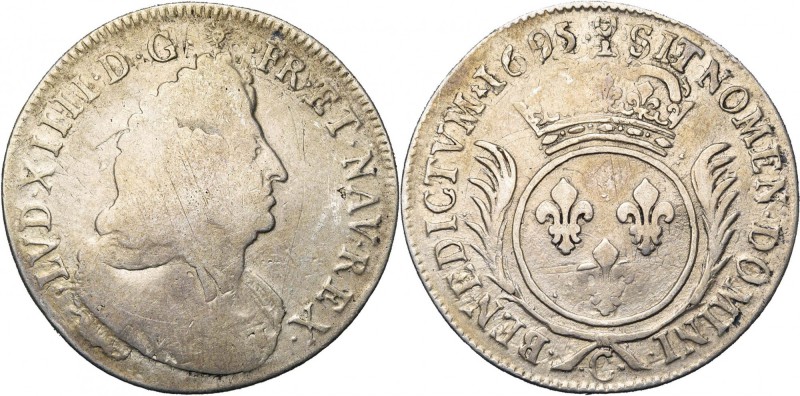 FRANCE, Royaume, Louis XIV (1643-1715), AR écu aux palmes, 1695C, Caen. 2e réfor...