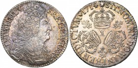 FRANCE, Royaume, Louis XIV (1643-1715), AR demi-écu aux trois couronnes, 1714X, Amiens. D/ B. cuir. à d. R/ Trois couronnes posées en triangle, séparé...