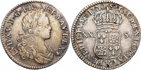 FRANCE, Royaume, Louis XV (1715-1774), AR 20 sols de Navarre (sixième d''écu), 1720K, Bordeaux. D/ B. enfantin à d., l., dr. et cuir. R/ Ecu écartelé ...