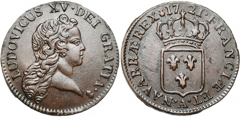FRANCE, Royaume, Louis XV (1715-1774), Cu demi-sol au buste enfantin, 1721A, Par...
