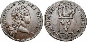 FRANCE, Royaume, Louis XV (1715-1774), Cu demi-sol au buste enfantin, 1721A, Paris. D/ B. nu à d. R/ Ecu de France couronné. Dupl. 1693; Gad. 273. Pet...