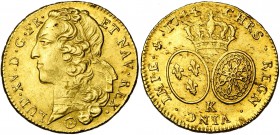 FRANCE, Royaume, Louis XV (1715-1774), AV double louis d''or au bandeau, 1744K, Bordeaux. D/ T. à g., ceinte d''un bandeau. R/ Ecus ovales de France e...