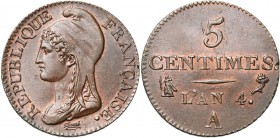 FRANCE, Directoire (1795-1799), Cu 5 centimes, an 4A, Paris. Petit module. Gad. 124.
Fleur de Coin