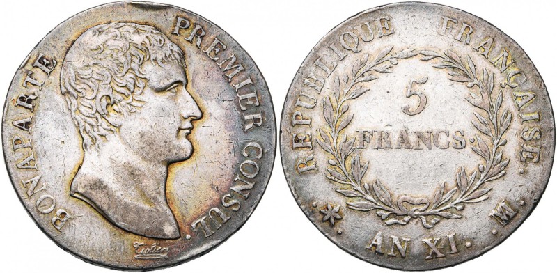 FRANCE, Consulat (1799-1804), AR 5 francs, an XIMA, Marseille. Gad. 577.
Très B...