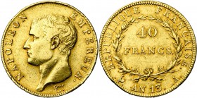 FRANCE, Napoléon Ier (1804-1814), AV 40 francs, an 13A, Paris. Gad. 1081. Nettoyé. Petits coups.
Très Beau