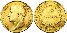 FRANCE, Napoléon Ier (1804-1814), AV 40 francs, 1806U, Turin. Gad. 1082; Fr. 482. Traces de monture.
Beau à Très Beau