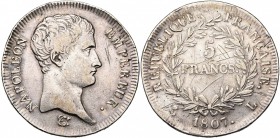 FRANCE, Napoléon Ier (1804-1814), AR 5 francs, 1807L, Bayonne. Gad. 581. Griffes.
Très Beau