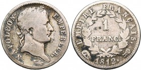 FRANCE, Napoléon Ier (1804-1814), AR 1 franc, 1812R couronné, Rome. Gad. 447. Rare.
Beau