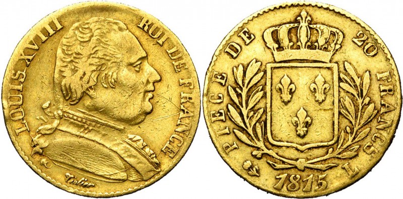 FRANCE, Louis XVIII, première restauration (1814-1815), AV 20 francs, 1815L, Bay...