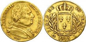 FRANCE, Louis XVIII, première restauration (1814-1815), AV 20 francs, 1815L, Bayonne. Gad. 1026; Fr. 526. Griffes au droit.
Beau à Très Beau