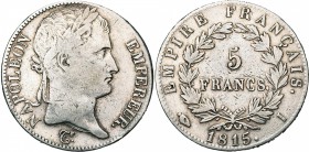 FRANCE, Napoléon Ier, période des Cent-Jours (1815), AR 5 francs, 1815I, Limoges. Gad. 595. Nettoyé.
Beau à Très Beau