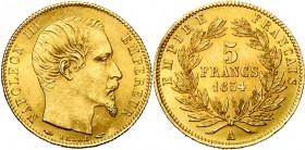 FRANCE, Napoléon III (1852-1870), AV 5 francs, 1854A, Paris. Petit module. Tranche cannelée. Gad. 1000; Fr. 578. Fines griffes.
presque Superbe