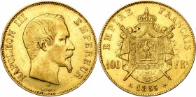 FRANCE, Napoléon III (1852-1870), AV 100 francs, 1855A, Paris. Gad. 1135; Fr. 569. Coup sur la tranche.
Très Beau
