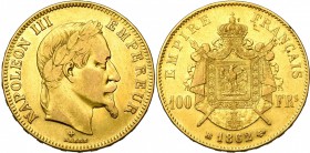 FRANCE, Napoléon III (1852-1870), AV 100 francs, 1862BB, Strasbourg. 3.078 p. frappées. Gad. 1136; Fr. 581.
presque Très Beau