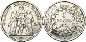 FRANCE, Commune de Paris (1871), AR 5 francs, 1871A, Paris. Différent: trident (Camélinat). Gad. 744. Rare Tache au revers.
Beau à Très Beau