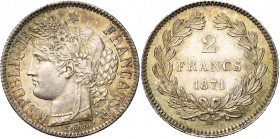 FRANCE, Gouvernement de Défense Nationale (1870-1871), AR 2 francs, 1871K, Bordeaux. Type Cérès, sans légende. Différent: étoile. Gad. 529. Fines grif...