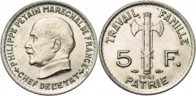 FRANCE, Etat Français (1940-1944), Cupro-nickel 5 francs, 1941. Maréchal Pétain. Gad. 764. Rare Petites taches.
Très Beau à Superbe