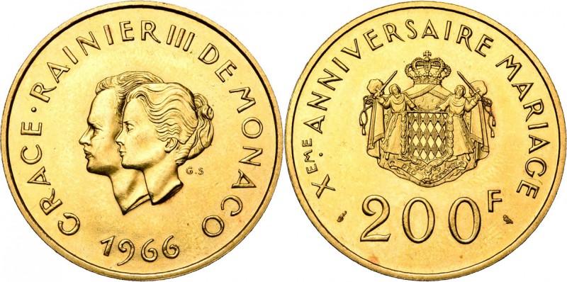 MONACO, Rainier III (1949-2005), AV 200 francs, 1966. 10e anniversaire de mariag...