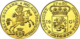 NEDERLAND, HOLLAND, Provincie, AV 14 gulden (gouden rijder), 1750. Officiële naslag door de munt van Utrecht, muntmeesterteken vis (1945-1969). Vz/ Ri...
