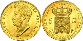 NEDERLAND, Koninkrijk, Willem I (1815-1840), AV 5 gulden, 1827, Utrecht. Sch. 196; Fr. 328. Zeldzaam Mooie kleur.
bijna Fleur de Coin