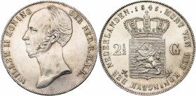 NEDERLAND, Koninkrijk, Willem II (1840-1849), AR 2 1/2 gulden, 1845. Zonder streep tussen kroon en wapenschild. Sch. 510; Dav. 235.
Uit veiling Hess-...