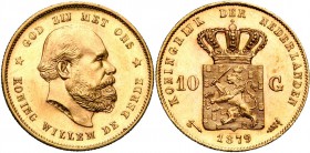 NEDERLAND, Koninkrijk, Willem III (1849-1890), AV 10 gulden, 1879 (over 1877). Sch. 552a; Fr. 342.
Prachtig à Fleur de Coin