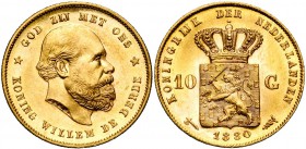 NEDERLAND, Koninkrijk, Willem III (1849-1890), AV 10 gulden, 1880. Sch. 553; Fr. 342.
Fleur de Coin