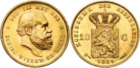NEDERLAND, Koninkrijk, Willem III (1849-1890), AV 10 gulden, 1885. Sch. 554; Fr. 342.
Prachtig à Fleur de Coin