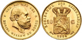 NEDERLAND, Koninkrijk, Willem III (1849-1890), AV 10 gulden, 1886. Sch. 555; Fr. 342.
Prachtig à Fleur de Coin