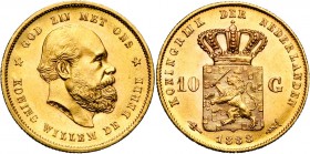 NEDERLAND, Koninkrijk, Willem III (1849-1890), AV 10 gulden, 1888. Sch. 557; Fr. 342.
Prachtig à Fleur de Coin