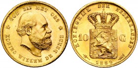 NEDERLAND, Koninkrijk, Willem III (1849-1890), AV 10 gulden, 1889. Sch. 558; Fr. 342.
Prachtig à Fleur de Coin