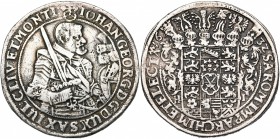 ALLEMAGNE, SAXE, Johann Georg Ier (1615-1656), AR double Taler, 1632HI, Dresde. D/ B. cuir. de l''électeur à d., ten. un heaume et une épée sur l''épa...