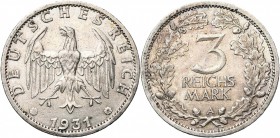 ALLEMAGNE, République de Weimar, (1919-1933), AR 3 Reichsmark, 1931A. J. 349; A.K.S. 31. Petits coups.
Très Beau à Superbe