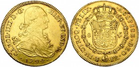BOLIVIE, Charles IV (1788-1808), AV 8 escudos, 1794PR, Potosi. D/ B. dr. et cuir. à d. R/ Ecu couronné, entouré du collier de la Toison d''or. C.C.T. ...