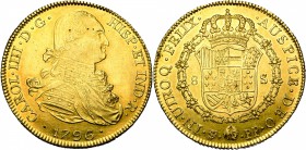 BOLIVIE, Charles IV (1788-1808), AV 8 escudos, 1796PR, Potosi. D/ B. dr. et cuir. à d. R/ Ecu couronné, entouré du collier de la Toison d''or. C.C.T. ...