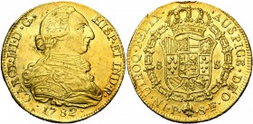 COLOMBIE, Charles III (1759-1788), AV 8 escudos, 1782SF, Popayan. D/ B. dr. et cuir. à d. R/ Ecu couronné, entouré du collier de la Toison d''or. C.C....