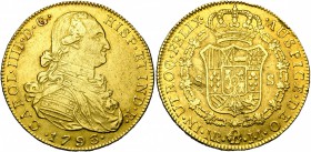 COLOMBIE, Charles IV (1788-1808), AV 8 escudos, 1793JJ, Nuevo Reino (Santa Fe de Bogota). D/ B. dr. et cuir. à d. R/ Ecu couronné, entouré du collier ...