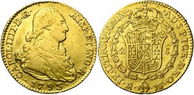 ESPAGNE, Charles IV (1788-1808), AV 2 escudos, 1793MF, Madrid. D/ B. cuir. à d. R/ Ecu couronné, entouré du collier de la Toison d''or. C.C.T. 271; Fr...