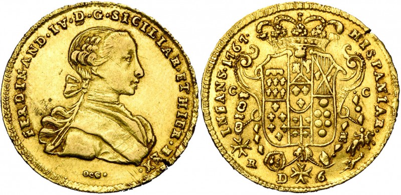 ITALIE, NAPLES, Ferdinand IV, 1er règne (1759-1799), AV 6 ducati, 1767DG. D/ B. ...