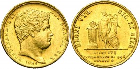 ITALIE, NAPLES et SICILE, Ferdinand II (1830-1859), AV 6 ducati, 1833. 1er type, à la tête imberbe. P. & R. 27; Fr. 868. Rare.
Très Beau à Superbe...