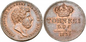 ITALIE, NAPLES et SICILE, Ferdinand II (1830-1859), Cu 2 tornesi, 1839. M. 1101; G. 249. Fines griffes au revers.
Superbe à Fleur de Coin