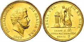ITALIE, NAPLES et SICILE, Ferdinand II (1830-1859), AV 3 ducati, 1845. 5e type. P. & R. 46; Fr. 869. Rare Fines griffes.
Très Beau à Superbe